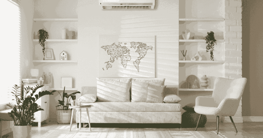 観葉植物とソファが並ぶ明るい部屋とエアコン