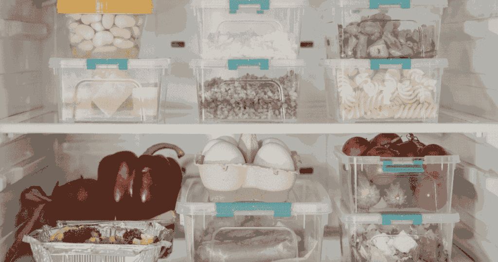 保存容器に入れた食品が並ぶ冷蔵庫の中