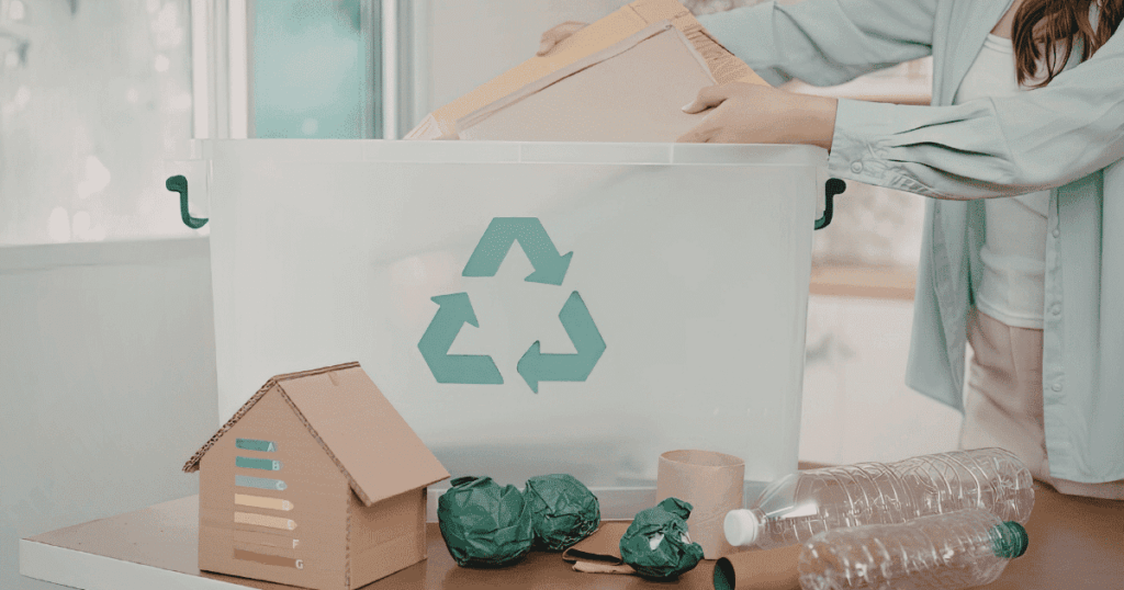 リサイクルマーク付きの箱に資源ごみを入れる様子