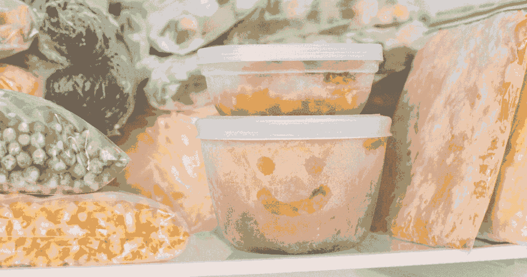 冷凍保存された食品が並ぶ冷凍庫の中