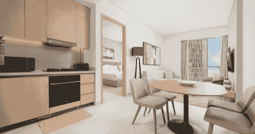 エアコンのあるリビングダイニングとキッチンの室内空間