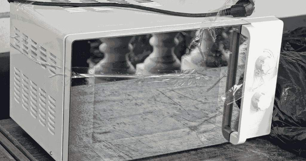 傷やテープが目立つ古い電子レンジが粗大ごみのように置かれている様子