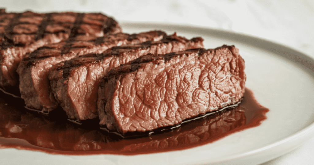 焼き目のついたステーキを切り分けた料理イメージ