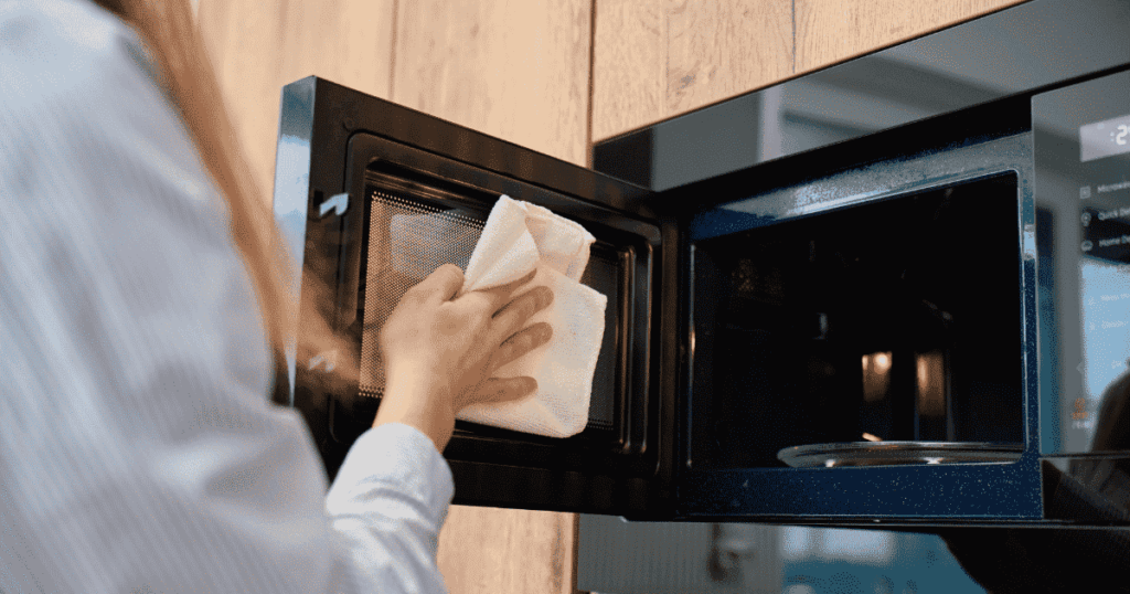 オーブンレンジの扉内側を布で拭いて掃除している様子