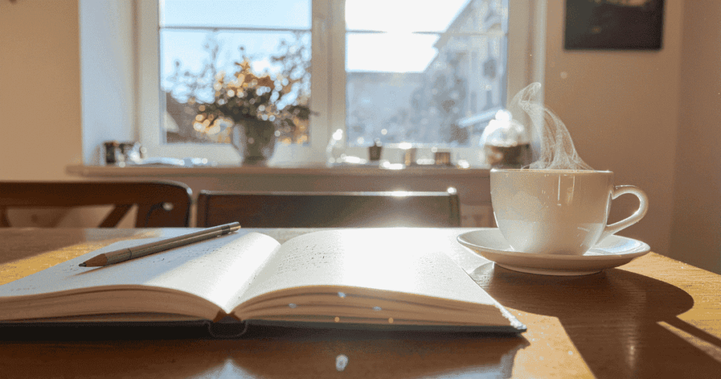 湯気の立つカップとノートを机に置いたリラックスタイムのイメージ