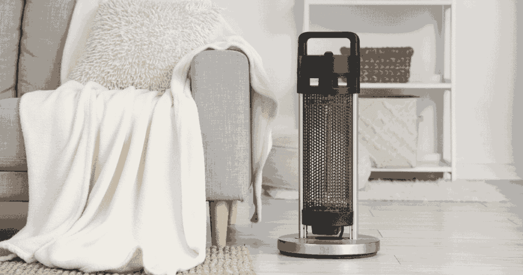 ソファ横に置いたスリムな電気ヒーター