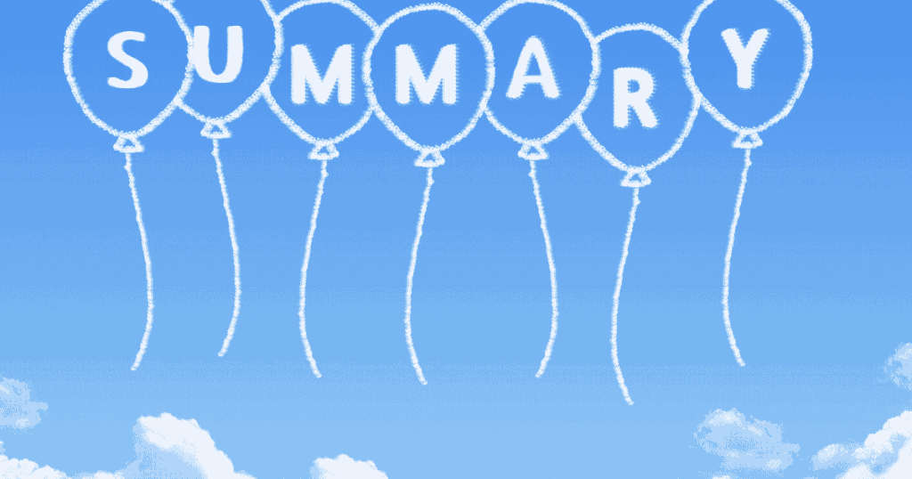 青空に浮かぶ風船をかたどった「SUMMARY」の文字